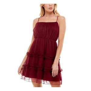SPEECHLESS Womens Short Dress Maroon Spaghetti Strap Tulle Built In Br Juniors 9